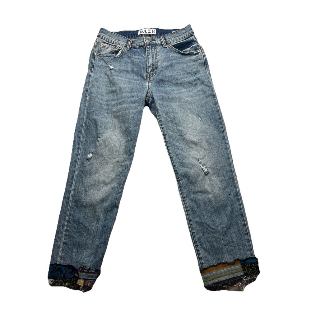 Daze Women’s Patchwork Light Wash Raw Hem Tapered Straight Denim Jeans Size 25